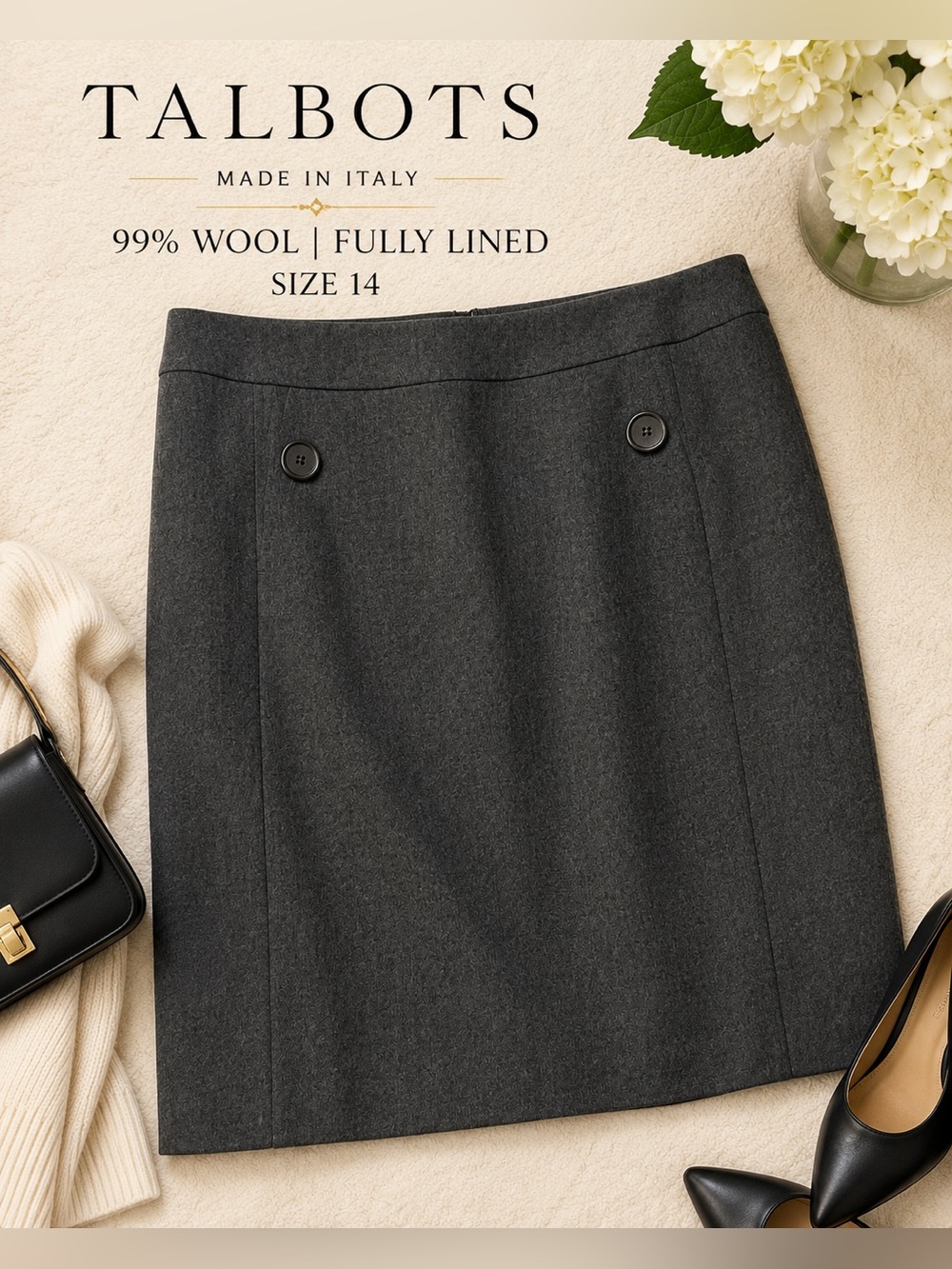 Talbots Made in Italy Wool Blend Pencil Skirt Sz 14 Fully Lined Gray Career Chic